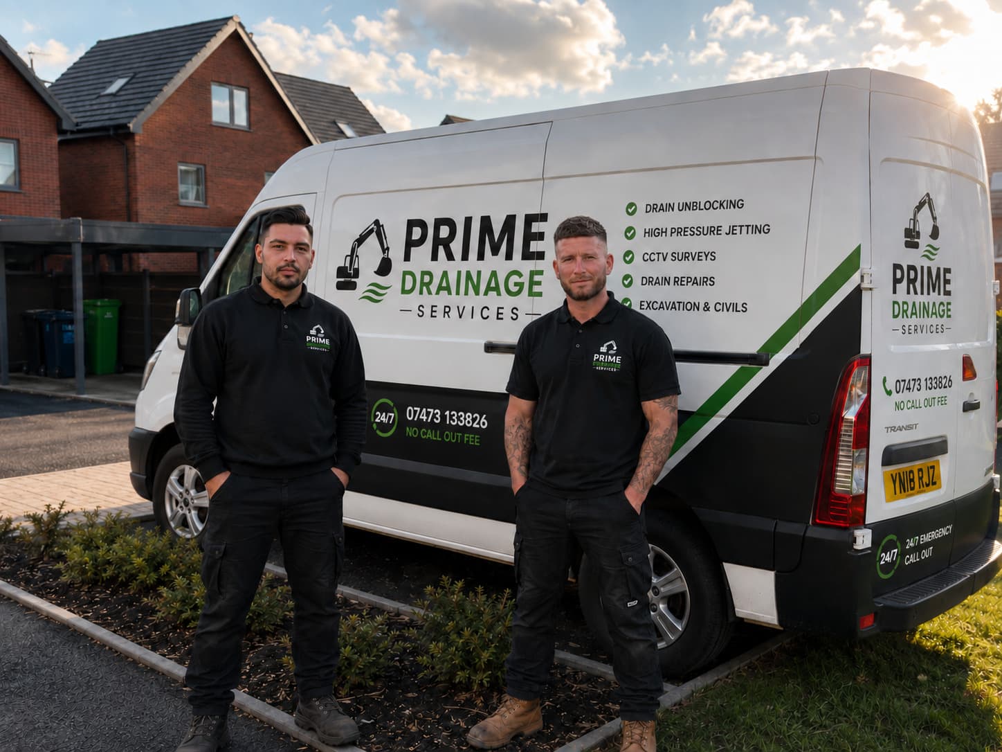 Prime Drainage Services team with branded drainage van