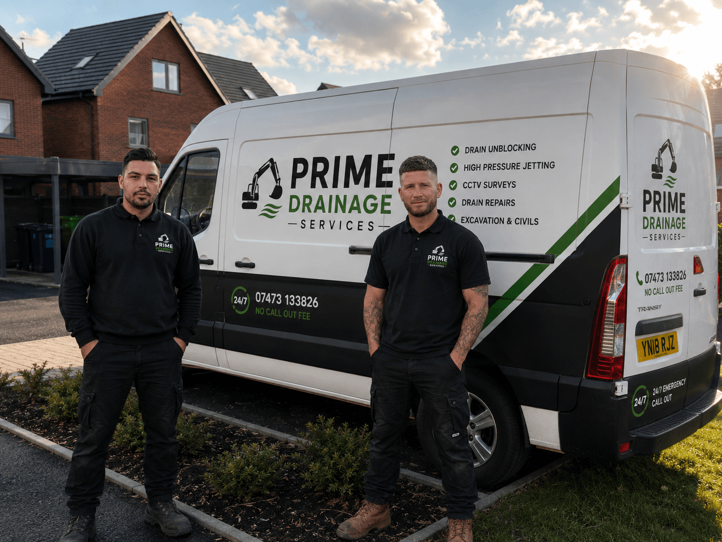 Ryan and Jake from Prime Drainage Services with their branded van