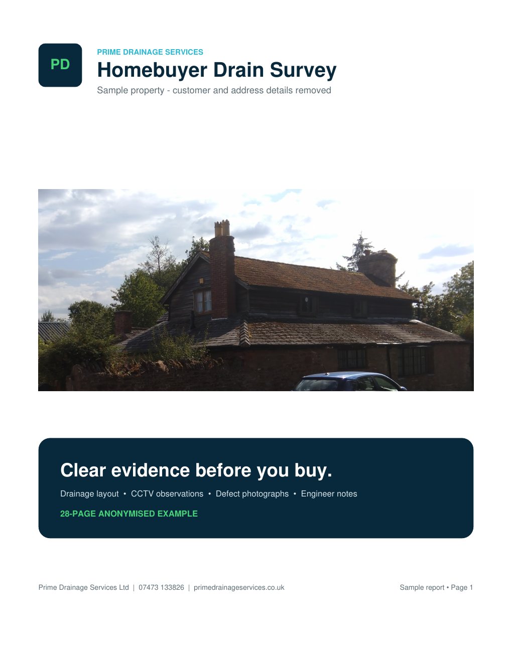 Page 1 of the anonymised Prime Drainage homebuyer drain survey: Property photograph and report cover