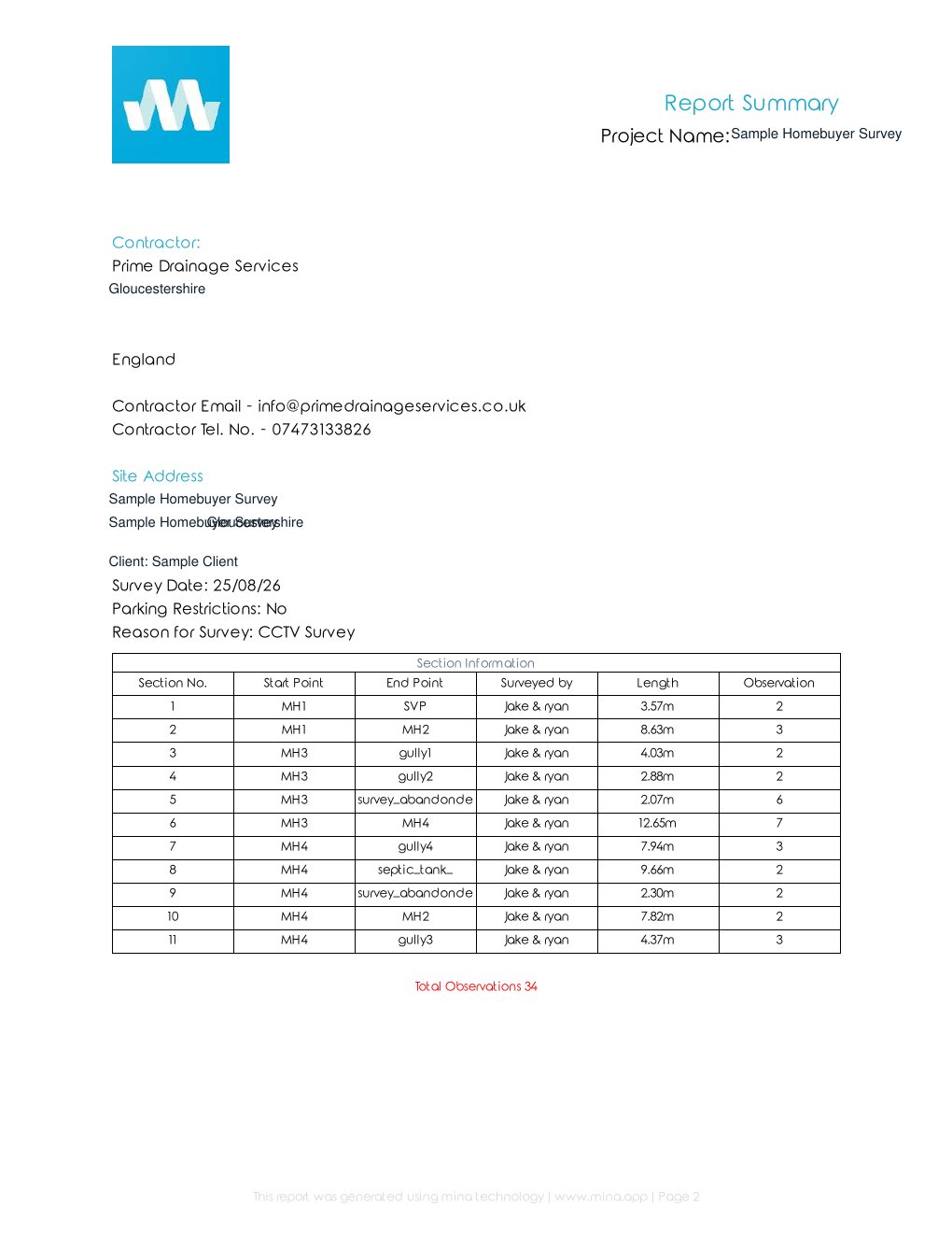 Page 3 of the anonymised Prime Drainage homebuyer drain survey: Survey summary and inspected sections