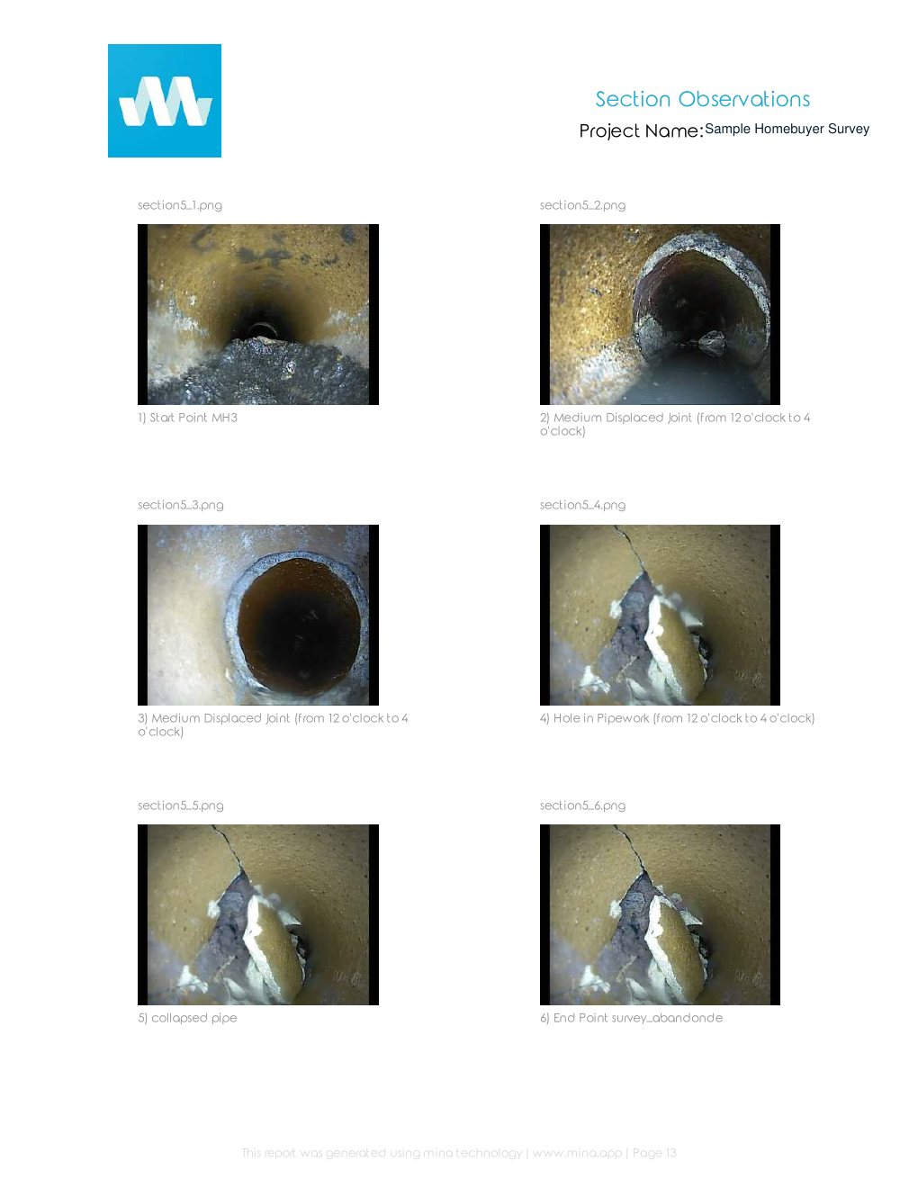 Page 13 of the anonymised Prime Drainage homebuyer drain survey: Pipe condition photographs
